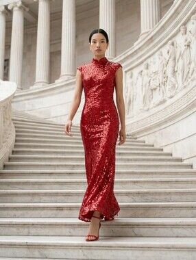 Elegant Red Sequin Cheongsam-Style Wedding Dress Size M